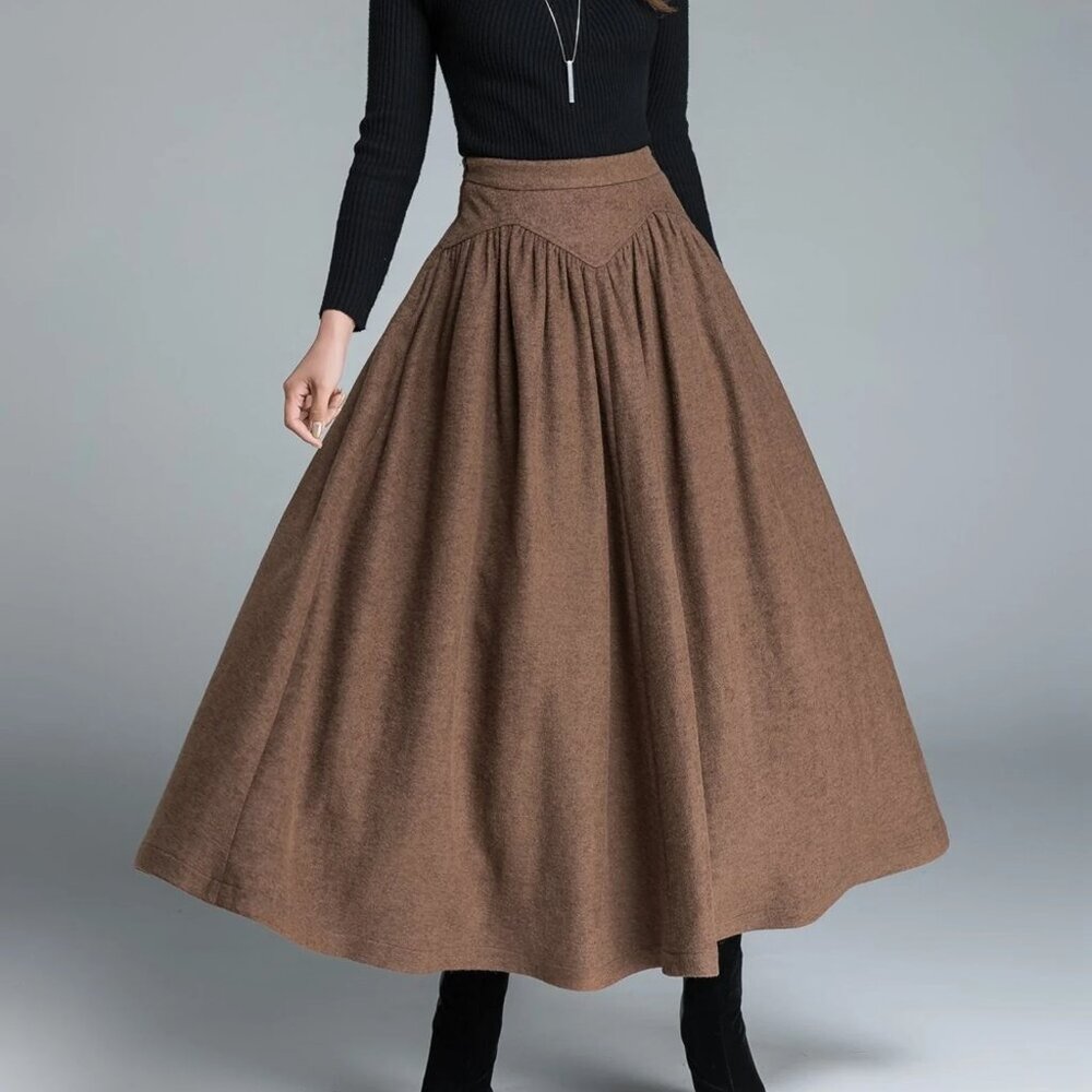 Vintage Inspired - high waist brown long wool skirt - cottage core
